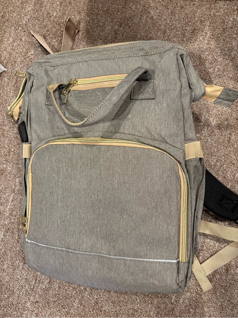 Women's Grey Canvas Large Diaper Backpack with Beige Trim